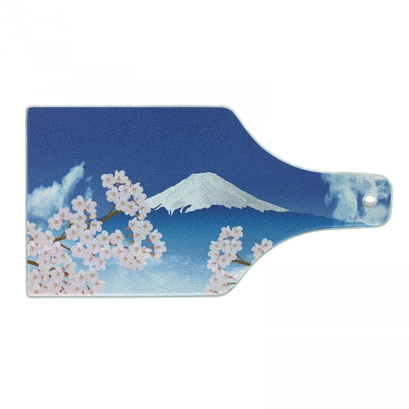 Blue and Pink Cutting Board, Japanese Art Graphic with Mt. Hill and Spring Cherry Blossoms, Decorative Tempered Glass Cutting and Serving Board, in 3 Sizes, by Ambesonne