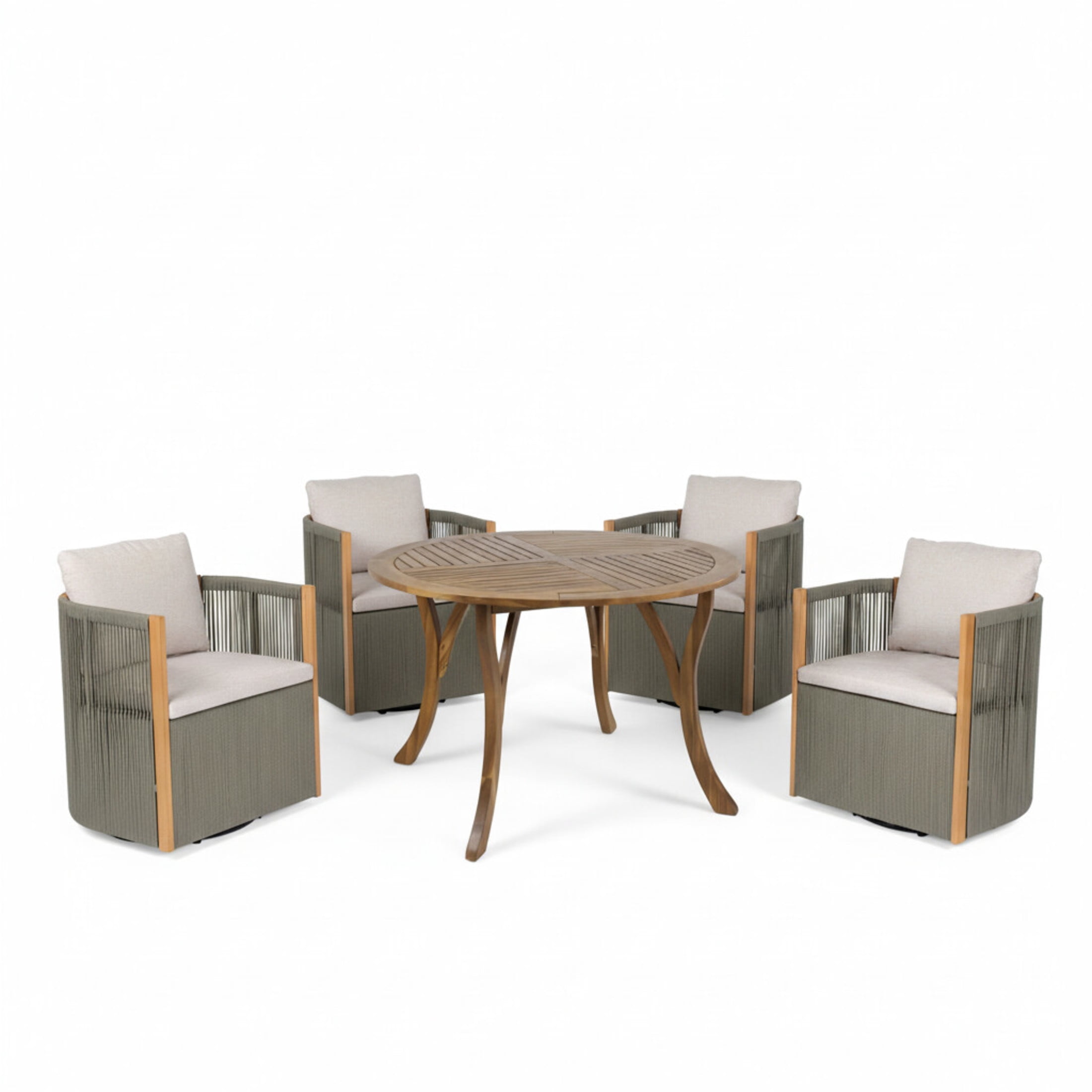 Christopher Knight Home 5 Piece Patio Dining Set, Swivel Rope Chairs and Round Table with Curved Legs, Light Gray