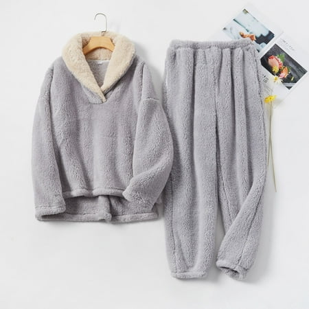 

Breampot 2022 fleece pajamas women Winter Pajamas Women Coral Fleece Pajamas Flannel Lapel Suit Padded Couples Home Clothing Gray L