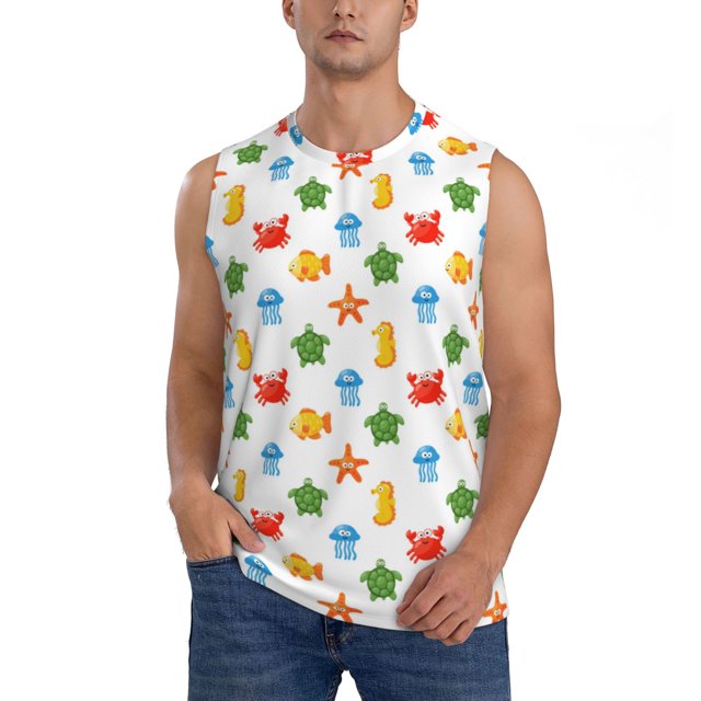 Fotbe Undersea Animals Men's Camiseta sin Mangas Estampada para Hombres, Playera Casual para Gimnasio, Entrenamiento, Playa-Large