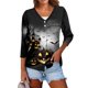 thumbnail image 1 of Blusa de Halloween con botones para mujer, estampado de bruja volando sobre un castillo encantado, manga 3/4, camisa informal con cuello en V, 1 of 4