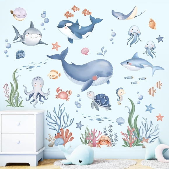 wondever Under The Sea Wall Stickers Decor for Kids Room Ocean Fish Whale Sharks Sea Turtles Peel and Stick Nursery Wall Decals Baby Room Bedroom
