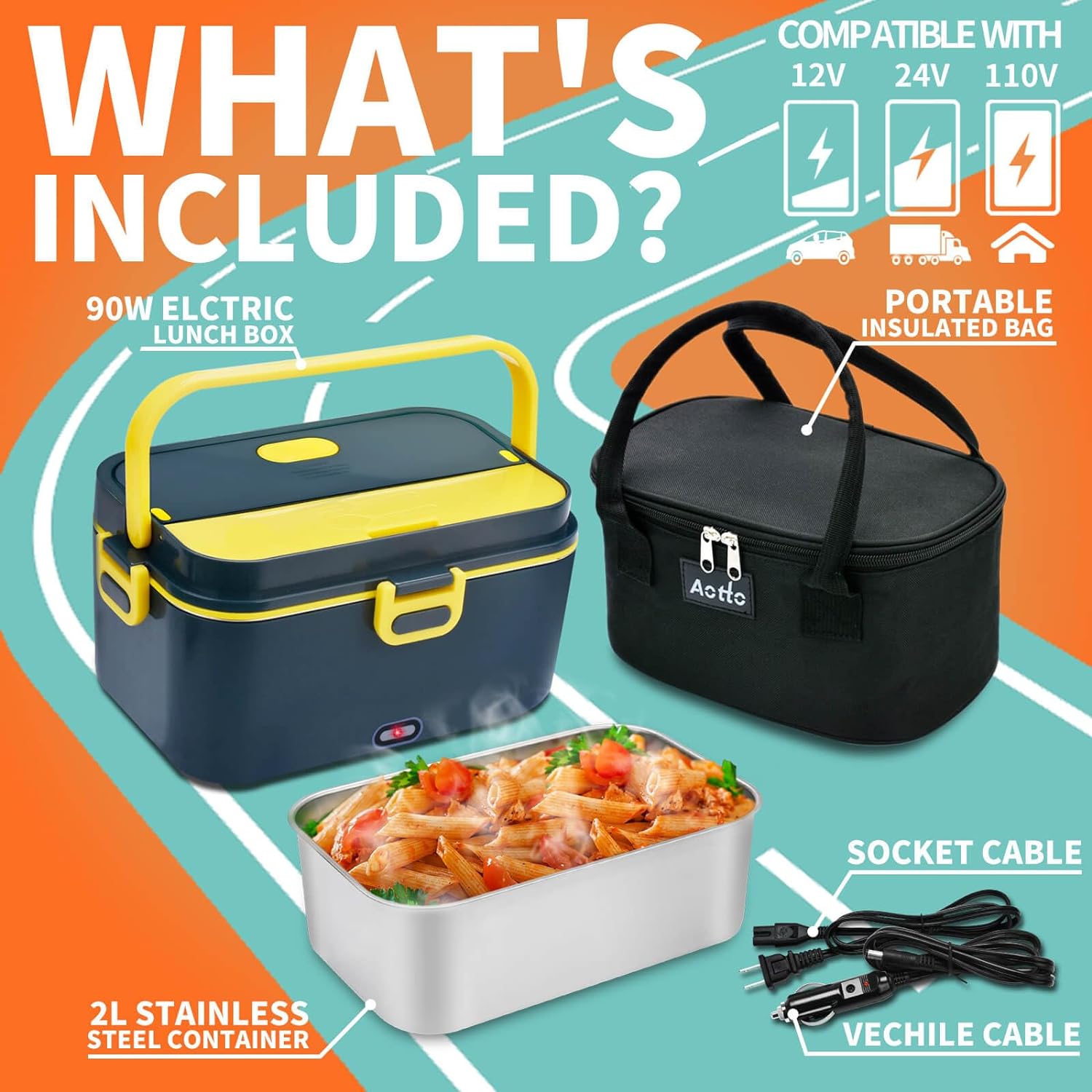 Aotto Electric Lunch Box, 90W Heated Lunch Box for Adults, 2L Faster Portable Food Warmer 12V/24V/110V for Work/Travel/Car/Truck - Leakproof, Stainless Steel Container, Carry Bag, Blue