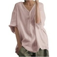 thumbnail image 3 of BiZtdJrK Loose Cotton Linen T Shirts for Women 3/4 Sleeve V Neck Summer Beach Tunics Lightweight Breathable Vacation Tee Top Pink M, 3 of 4