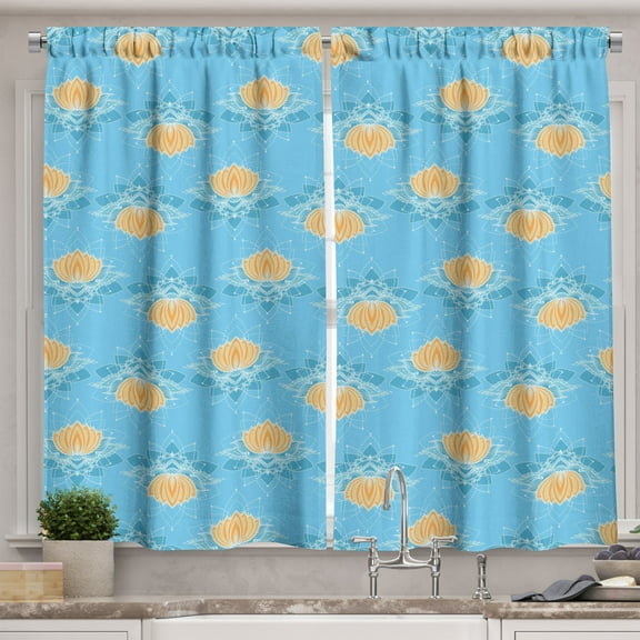 Ambesonne Lotus Kitchen Curtains, Japanese Themed Flora, 55"x39", Marigold Blue White