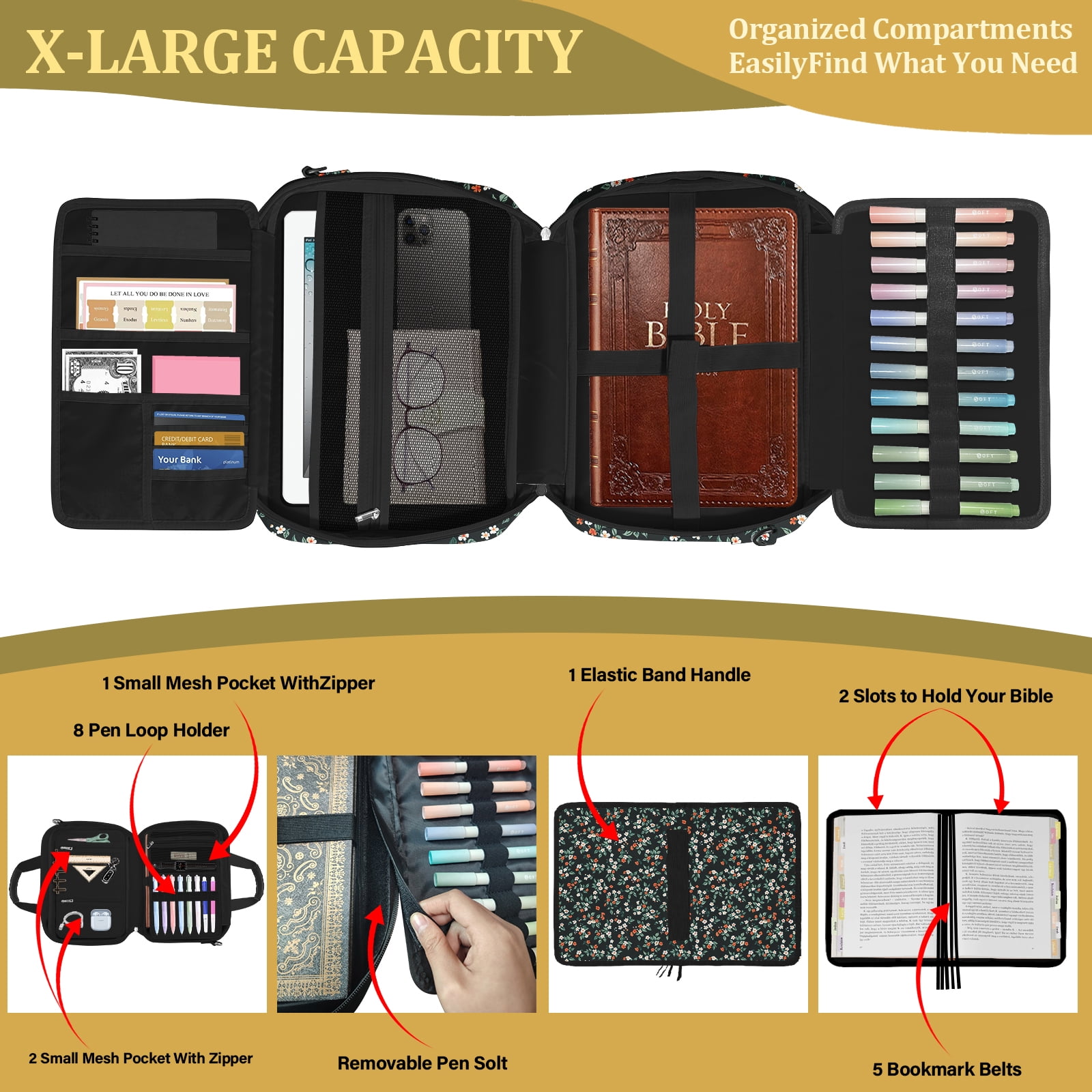 Bible Cover Case for Women with Large Bible Bag, Bible Cover with Shoulder Strap & Journaling Kit, Pens and Highlighters Cross Clips for Bible Study & Church, Christian Gift for Women