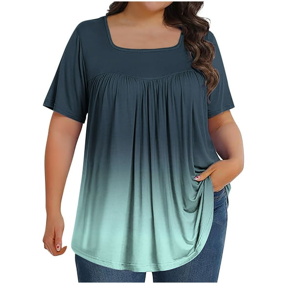 Up to 50% off Horkkom Plus Size Blouses for Women Pleated Casual Short Sleeve Round Neck Shirts Gradient Print Loose Summer Tops