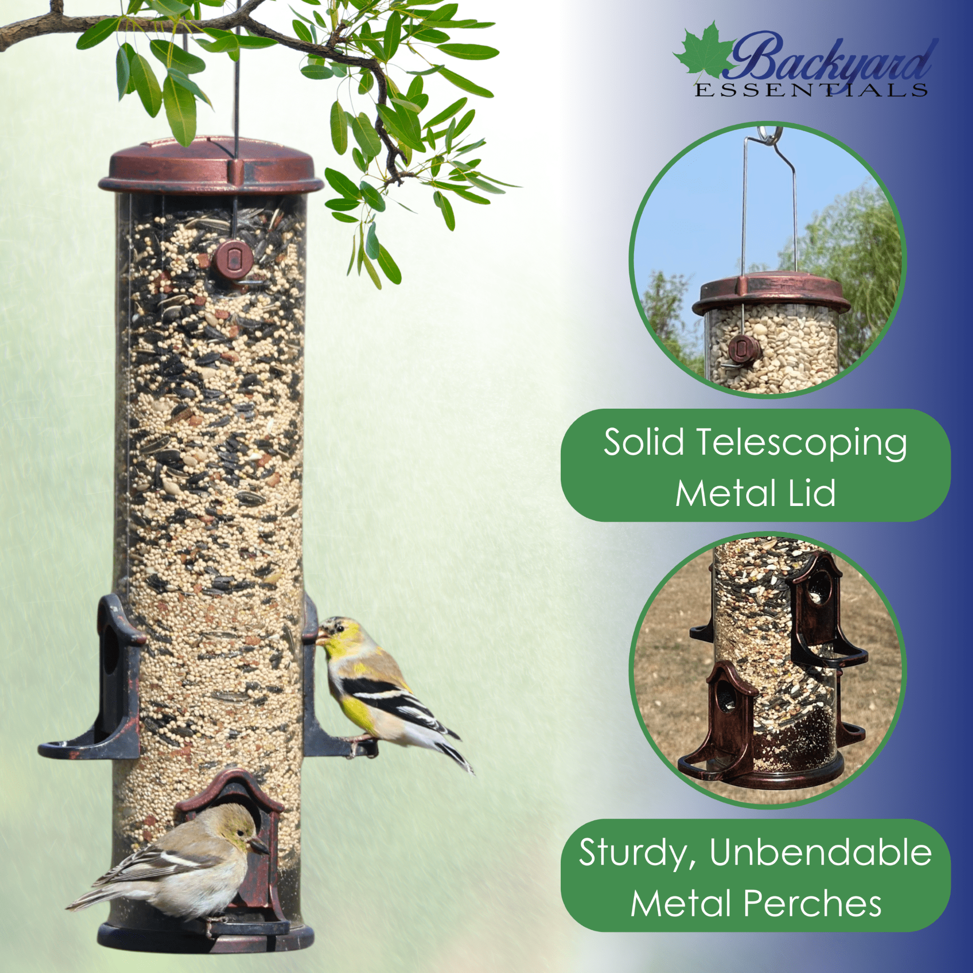 Backyards Essentials Standard Tube Feeder Copper Metal Bird Seed Feeder, 7 Cup Capacity