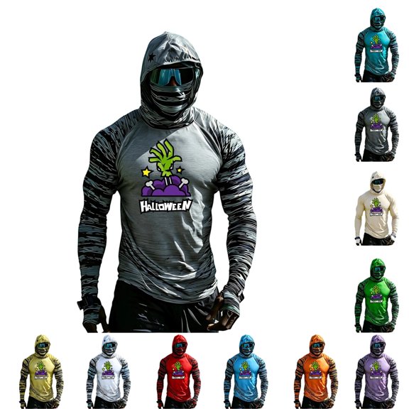GrmtClth Men's Halloween Sun Protection Shirt Summer Outdoor Hooded Sun Protection Long Sleeve Halloween Beach Shirts Gray M