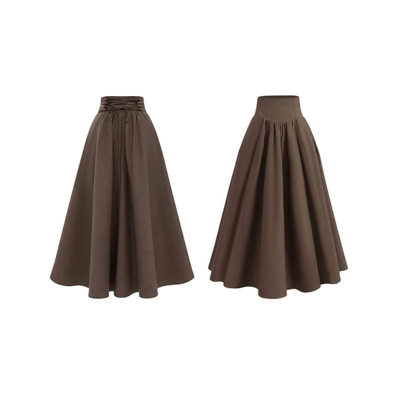 Women High Waist A Line Maxi Skirt Drawstring Adjustable Waist Plus Size Flowy Long Skirt Brown XXL