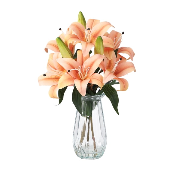 Artificial Calla & Tiger Flora Flowers Arrangement with Glass Vase 6 Real Touch Lilies & 3 Buds Lifelike Faux Floral Centerpiece for Living Room, Dining Table, Wedding Champagne Color