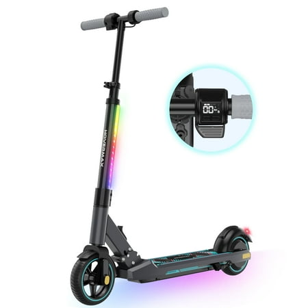 hovermax electric scooter for kids ages 6-12  150w motor max speed 9.3 mph  5 miles range  colorful led lights  foldable kids electric scooter