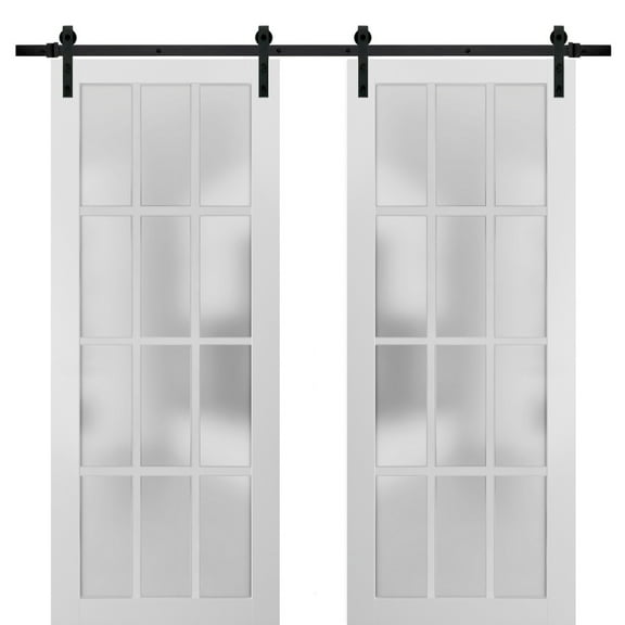 Sturdy Double Barn Door with Frosted Glass 12 Lites | Felicia 3312 Matte White | 13FT Rail Hangers Heavy Set | Solid Panel Interior Doors-36" x 84" (2* 18x84)-Black Rail