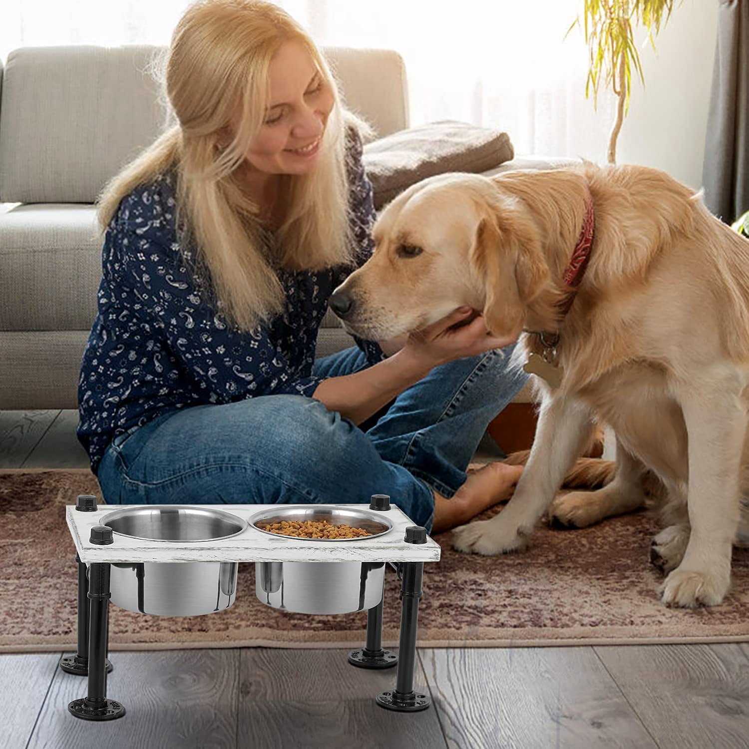 Elevated Dog Bowls- Raised Dog Bowls with Double Dog Bowls, Dog Bowl Stand with Rustic Wood Panel and Industrial Pipeline Base - 7.87"(H)