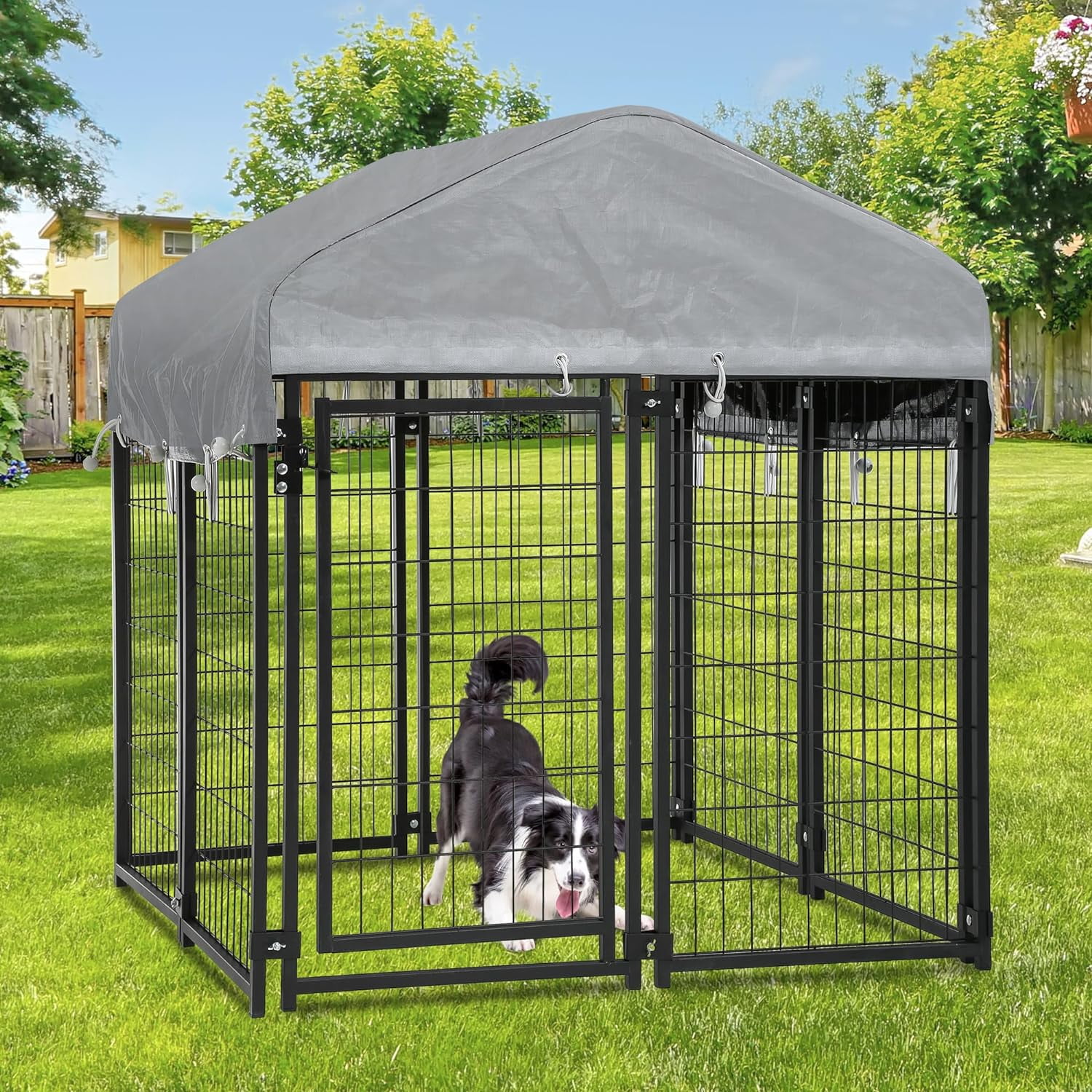 CL.HPAHKL Outdoor Dog Kennel 4×4×4.4 FT Heavy Duty Playpen Dog Crate Cage with UV-Resistant Waterproof Roof Cover, Dog Run Enclosure with Secure Lock Pet Kennel Fence