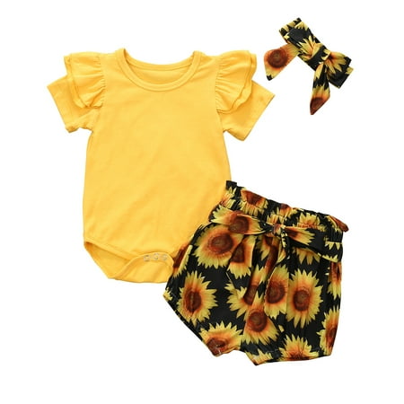 

COUTEXYI Newborn Baby Girl Romper Jumpsuit Sunflower Shorts Pants Headband Outfit Clothes Set