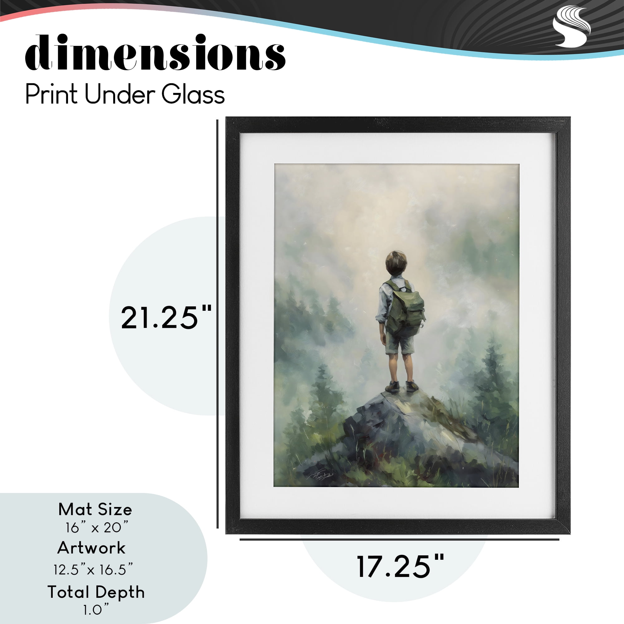 Boy Adventurer Atop Mountain Black Framed Print Under Glass, design by Arlington Prints