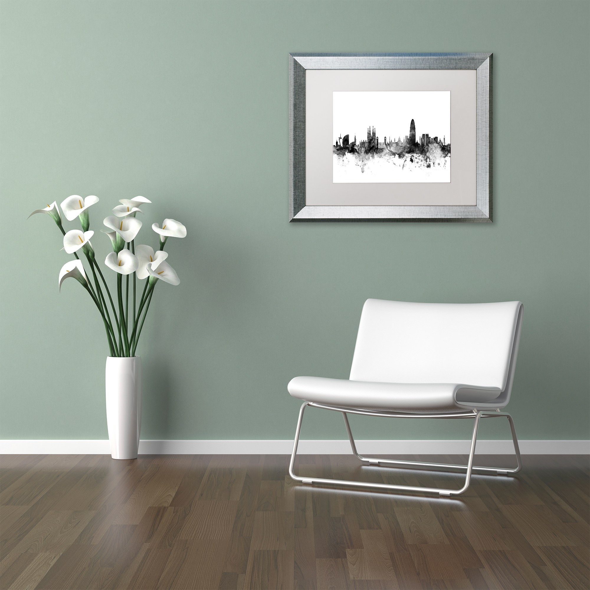 Trademark Fine Art "Barcelona Spain Skyline B&W" Canvas Art by Michael Tompsett, White Matte, Silver Frame