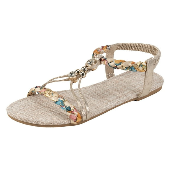 Mostsola Women's Flat Sandals Summer Bohemia Braided Beaded Beach Shoes Elastic Ankle Strap Sandals