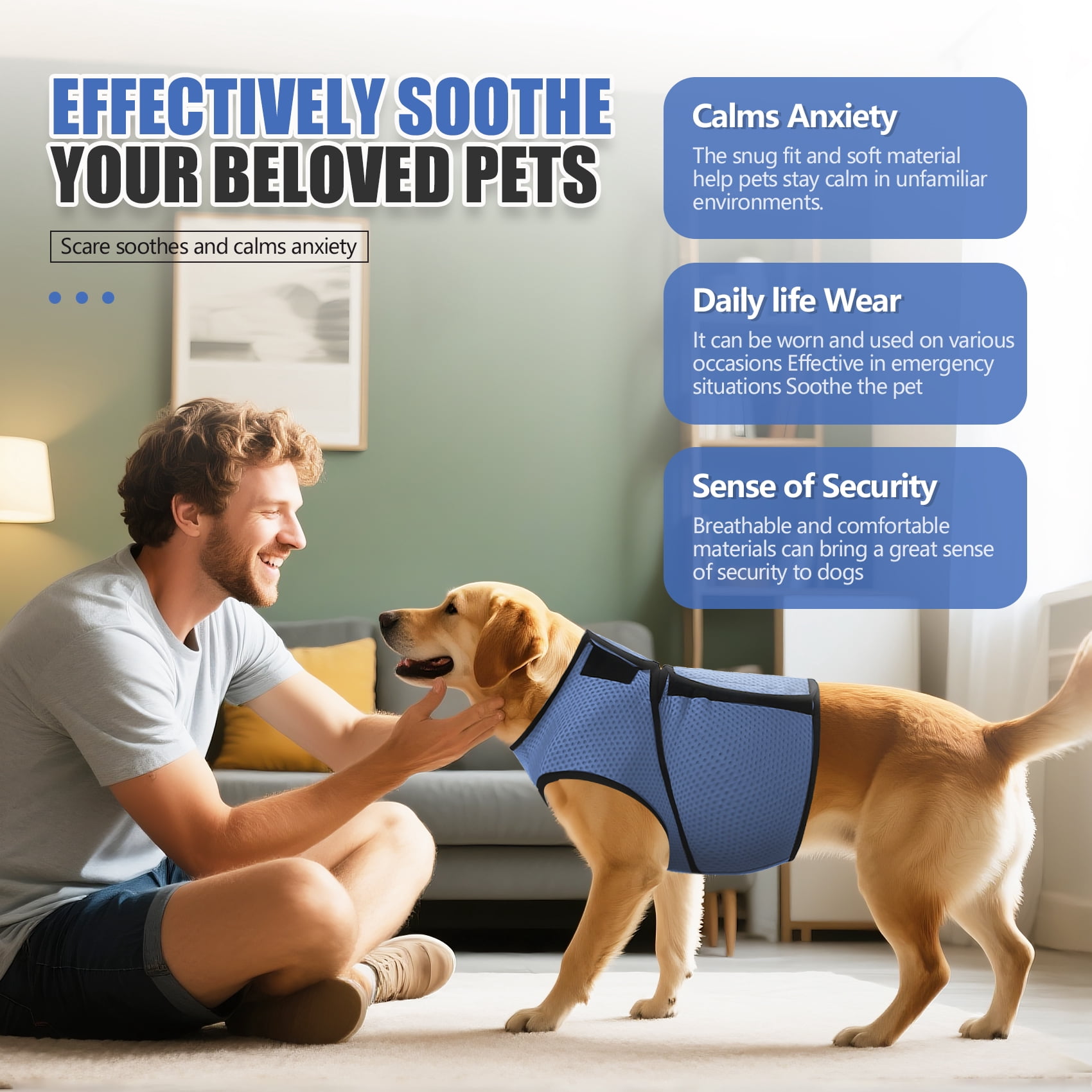 Amztom Dog Anxiety Vest – Calming Jacket for Thunder, Fireworks & Vet Visits,  Adjustable Fit for Small to Large Dogs (Blue, M)
