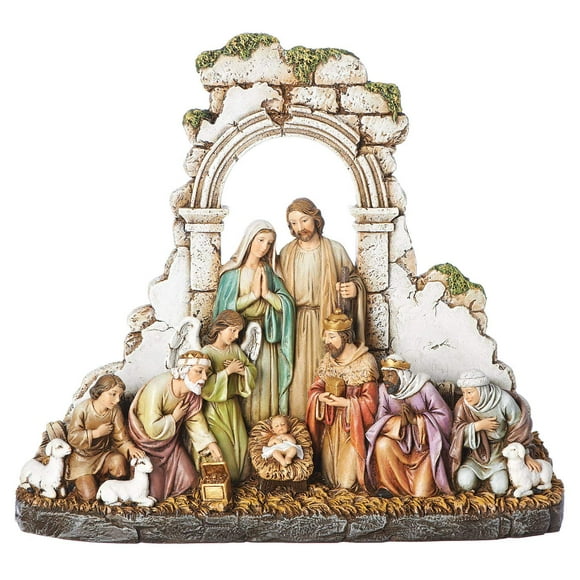 Joseph's Studio by Roman - Kneeling Nativity Figure, Includes Holy Family, Angel, Three Kings, Shepherds, Sheep, Stone Wall, 8.5" H, Resin and Stone, Decorative