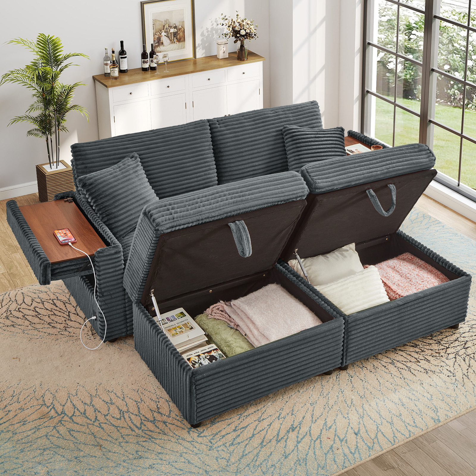 Muumblus Loveseat Sectional Sofa with 2 Storage Ottomans, Modular Cloud Couch with 2 Side Tables & USB, Plush Double Chaise Lounge Sofa Bed Indoor, Gray Corduroy