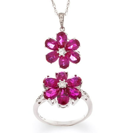 1.16 Carat T.G.W. Pear-Shaped Ruby and .18 Carat T.G.W. White Sapphire and Diamond Accent Pendant and Ring Set in Sterling Silver