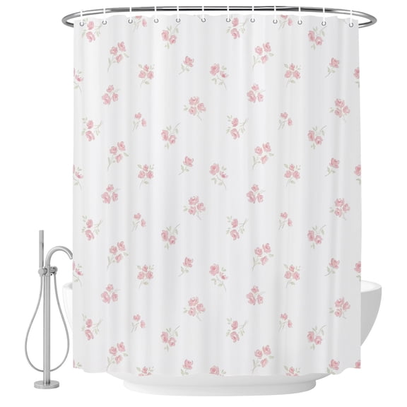 Small Stall Shower Curtain 36x72 Inch Narrow Half Size Pink Spring Floral Bath Curtains Bathroom Decor, Elegant Pastoral Flowers Waterproof Fabric Shower Curtain Set with Hooks 36 Inch