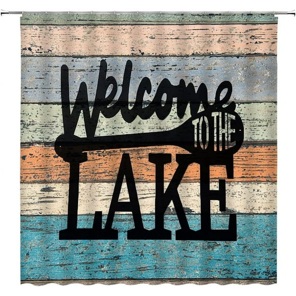 Rideau de Douche Cabane Rustique Relaxant Règles du Lac Citations Inspirantes Planche de Bois Vintage Porte de Grange Planche Ferme Campagne Bord de Lac Chalet Camping Décor RV Tissu Rideau de Salle de Bain avec Crochet