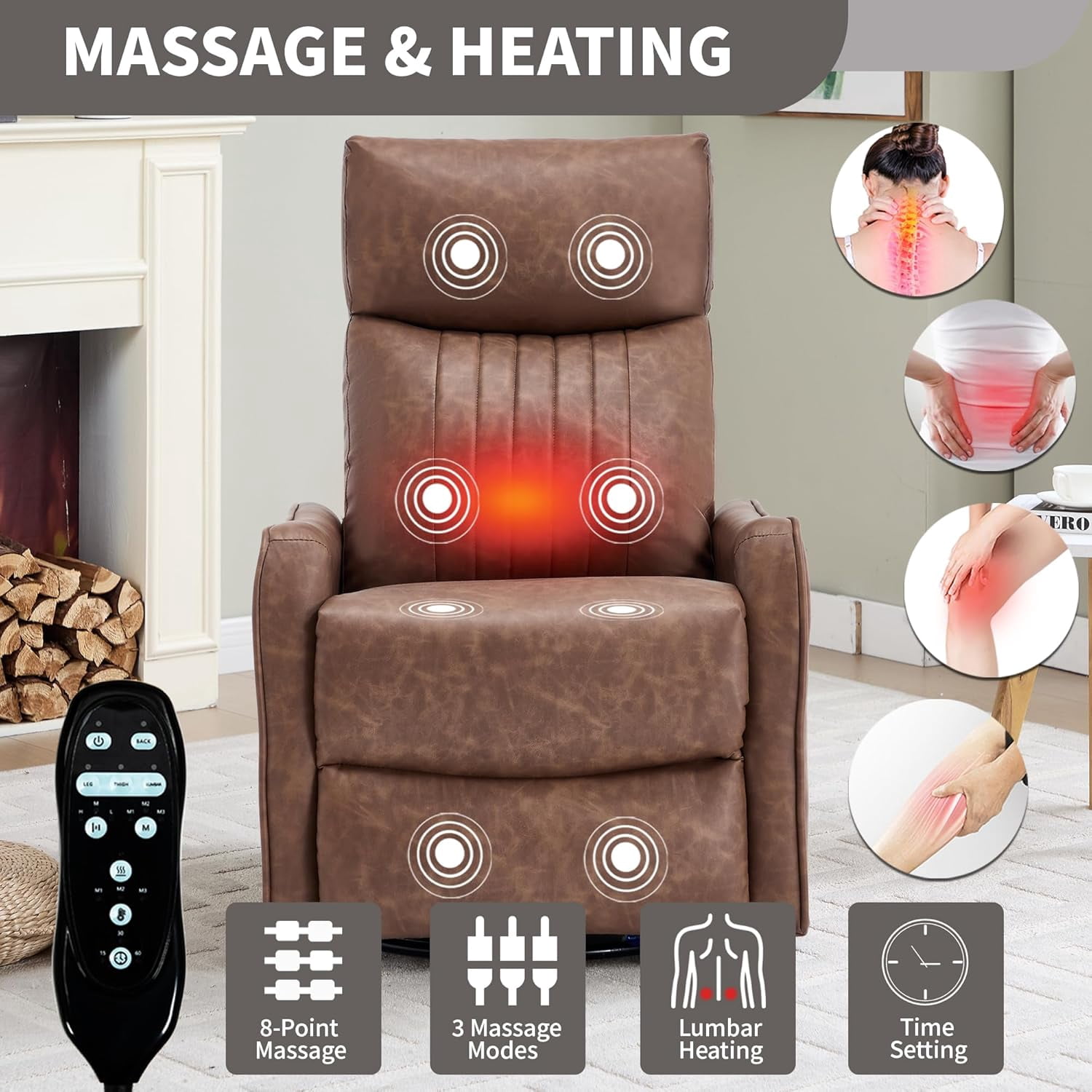 High Back Manual Recliner Chair with Heat & Massage, Swivel Rocker for Living Room Bedroom, Brown