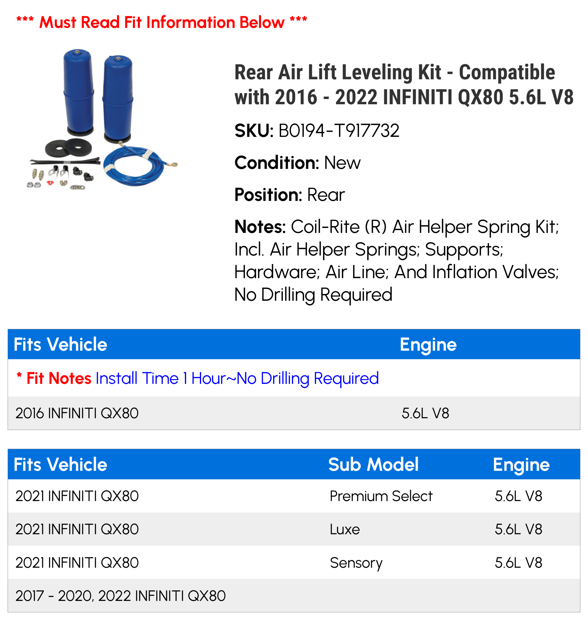 Rear Air Lift Leveling Kit - Compatible with 2016 - 2022 INFINITI QX80 5.6L V8 2017 2018 2019 2020 2021