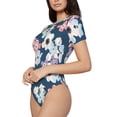 thumbnail image 2 of KLL Women 's Crew Neck Bodysuit Jumpsuits Flowers Print Short onesies Stretch T Shirts, 2 of 7
