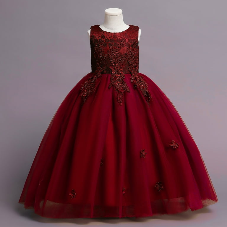 Ibtom Castle Kids Girls Flower Vintage Lace Princess Long Dress Tulle Pageant Formal Party Wedding Floor Dance Evening Gown 9-10 Years Wine Red