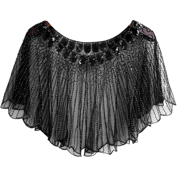 wonima44 1Pcs Fashion Classic Lightweight Black Vintage Flapper Shawl Ruffles Beaded Embroidery Cape Sparkling Sequins Wrap for Dress Accessories