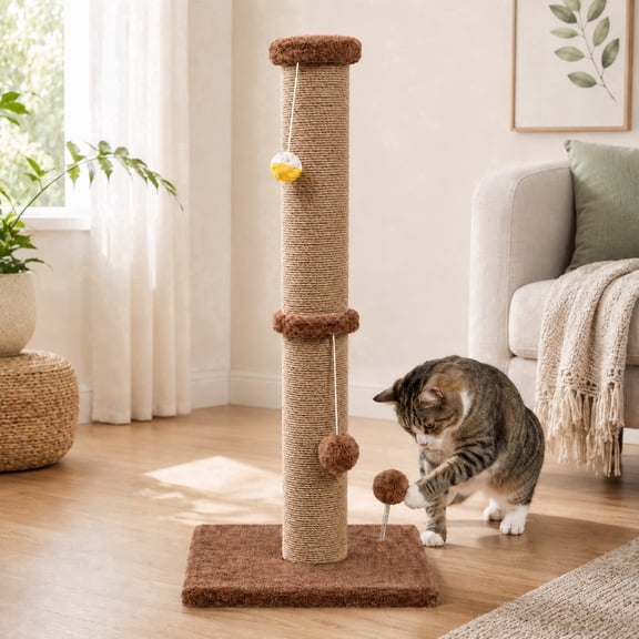 PELUOMOZ 36-Inch Cat Scratching Post for Indoor Cats, Brown Sisal Cat Scratcher with Plush Base and Interactive Toys