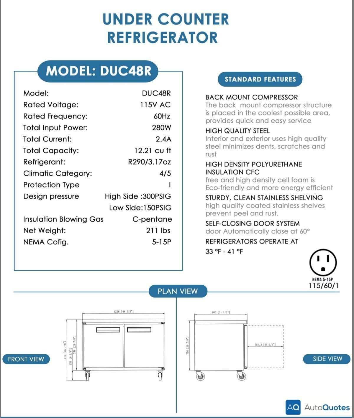Dukers - DUC48R 2-Door Undercounter Refrigerator in Stainless Steel