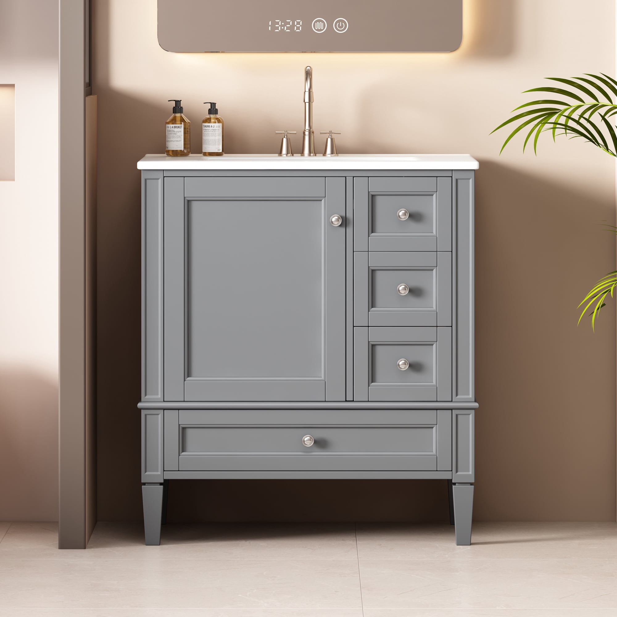 Euroco 30 Inch Bathroom Vanity with Ceramic Sink, Grey Bathroom with 3 Drawers, Solid Wood Frame Modern Bathroom Storage Cabinet , Ideal for Home