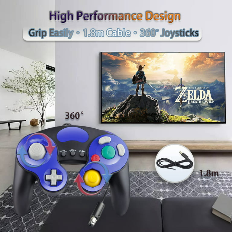 Controller, Classical Gamepad for Nintendo Switch GameCube/Wii U/Wii with  HD Vibration, TURBO Function, 1.8m Cable and Dual 360° Joysticks  (Black-Blue) 