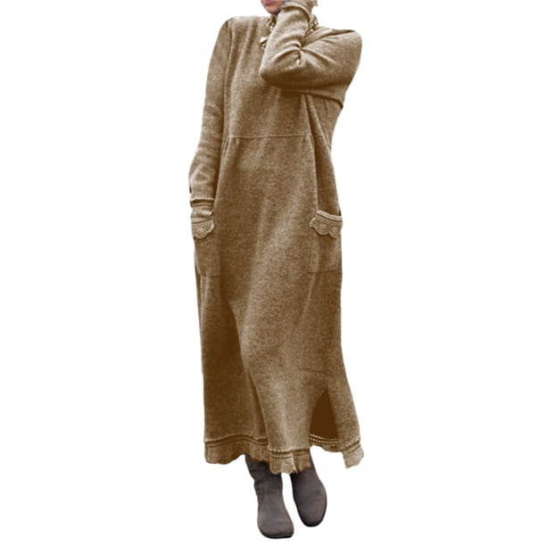 Oucaili Vestido suelto de talla grande para mujer con bolsillos, vestido de suéter de punto de manga larga, vestidos de túnica de invierno, ropa de salón de color sólido