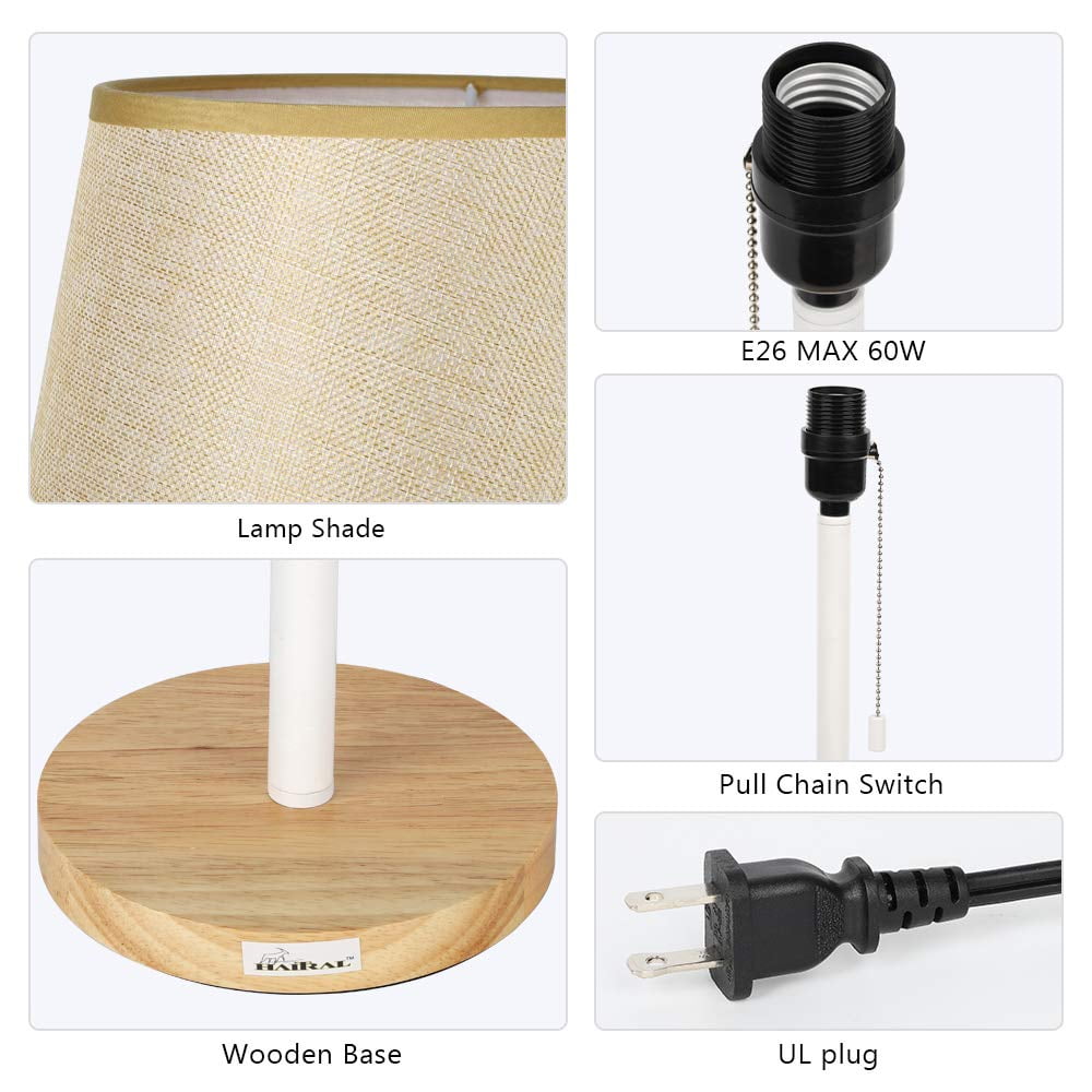 Contemporary Wooden Pull Chain White Table Reading Lamp, Set of 2