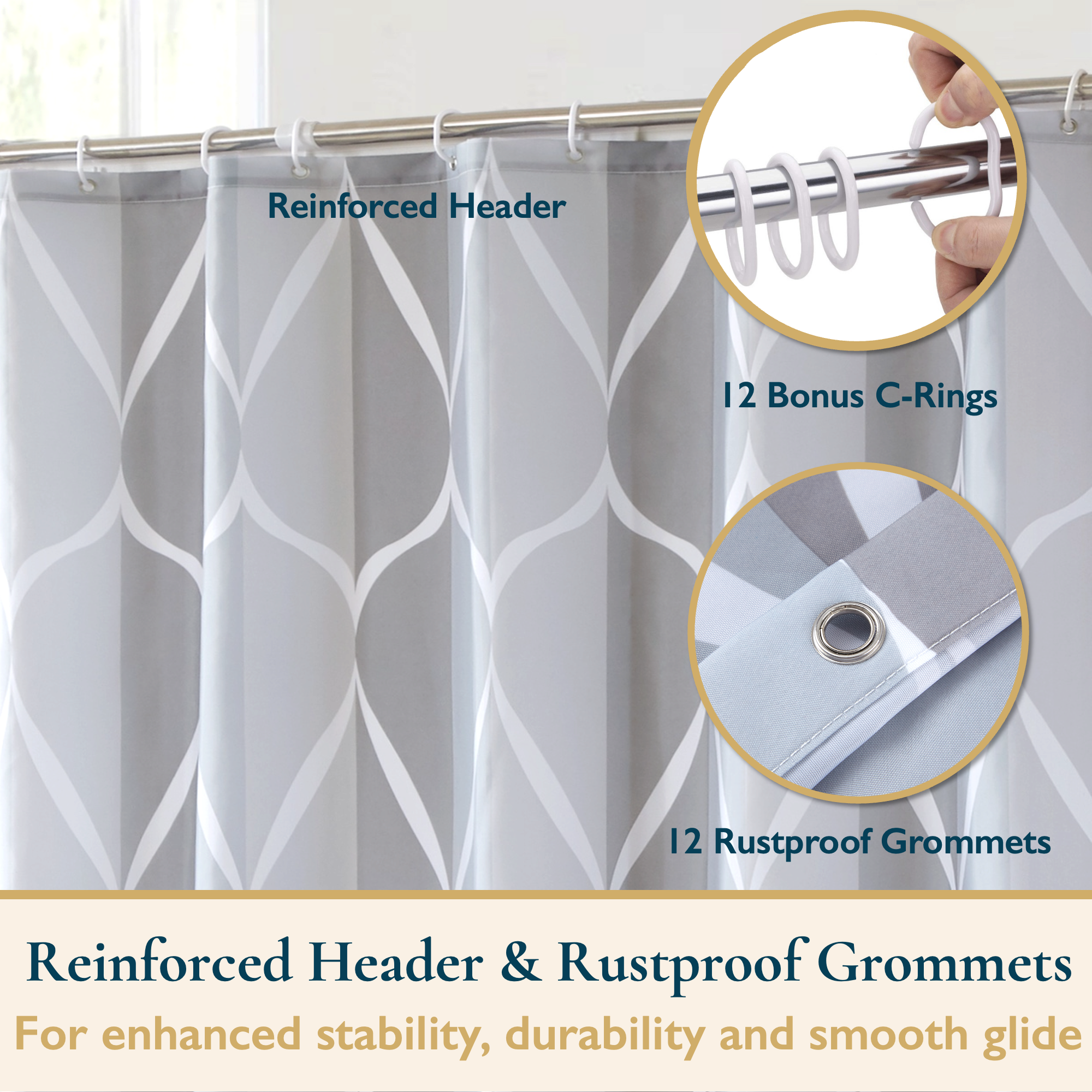 ComfiTime Wavy Shower Curtain with Hooks, 72" x 72", Gray photo 5