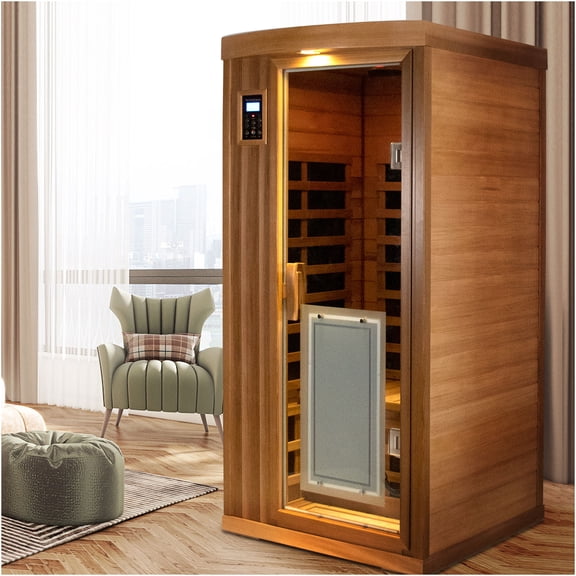 JERFIT 1-Person Indoor Far Infrared Sauna Room, Low EMF Red Cedar Wood Home Spa with Bluetooth Audio, LED Lights, Touch Control for Detox & Relaxation
