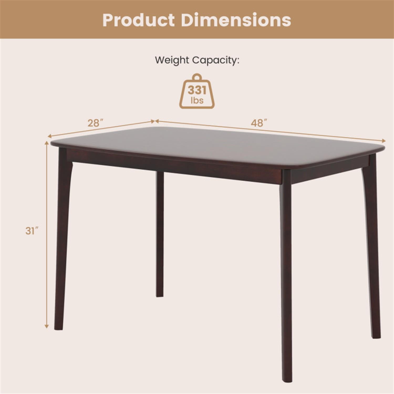 Demi Bonn 48" Solid Wood Dining Table with Rubber Wood Supporting Legs for Kitchen Dining Room, Modern Rectangular Dining Table Furniture, Brown