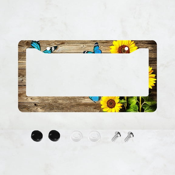 Blue Butterfly Sunflower License Plate Prame Aluminum Rust-Proof Auto Parts License Plate Decorative Screws Fit Standard 2 Holes 1 U.S. License Plate, 12.2x 6.3 Inch