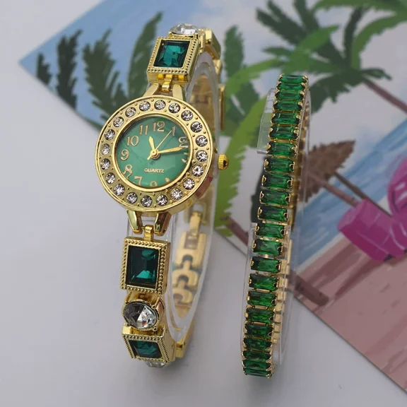 2pcs/set Women's Round Dial Quartz Watch Set, Golden Alloy Bracelet Watch with Colorful Crystal Decor, Analog Wrist Watch with Matching Bracelet, Elegant Dress Watch for Daily & Party Wear
