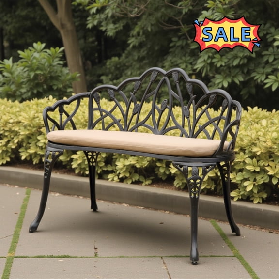 Tcbosik 33 Inch Outdoor Garden Bench with Cushion, Cast Aluminium Patio Bench with Tulip Pattern Backrest for Porch, Lawn, Garden, Backyard, Easy Assembly, Black