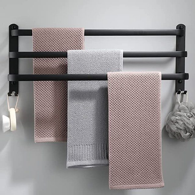 Toallero de aluminio montado en la pared, 3 niveles con ganchos, toallero negro impermeable de 30cm para baño, cocina y baño JAMW Sencillez