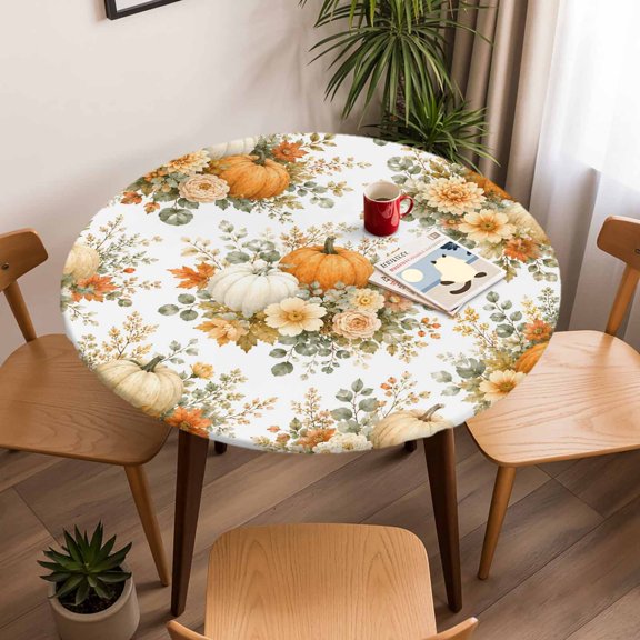 Round Fitted Tablecloth with Elastic Edge, Thanksgiving Fall Farm Pumpkin Waterproof Oil-Proof Table Cover, Autumn Flower Leaves Circle Table Cloth for Indoor Outdoor Picnic Party 36"x44"