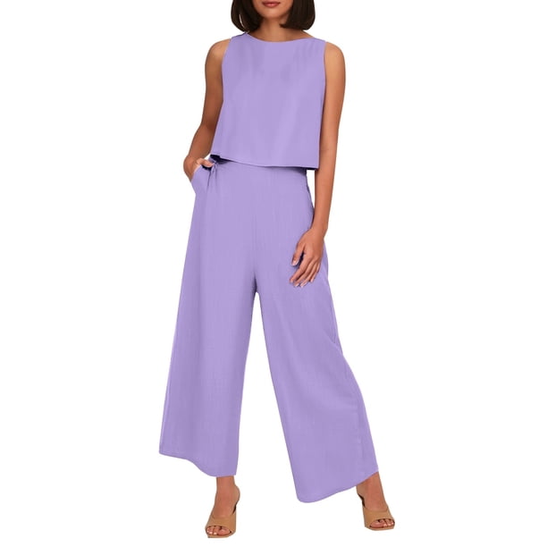 Conjunto de dos piezas de lino de color liso para mujer: top corto sin mangas con botones y pantalones de pierna ancha, tejido transpirable para el verano