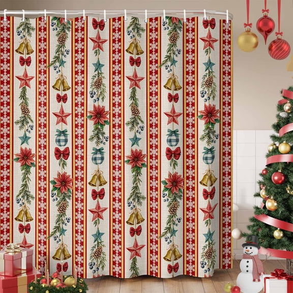 Christmas Poinsettia Shower Curtain, Xmas Pine Branch Snowflake Bell Stars Waterproof Fabric Shower Curtains with 12 Hooks, Bathroom Curtain Set for Bathroom Accessories Decor, 72 x 72 Inches